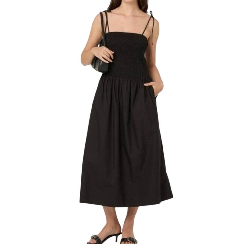 New with tags ASTR the Label Drop Waist Smocked Cotton Midi Dress in Black